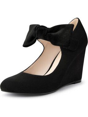 Women's Black Bow Wedge Pumps With Ankle Strap Closed Toe Dressy Heels Shoes